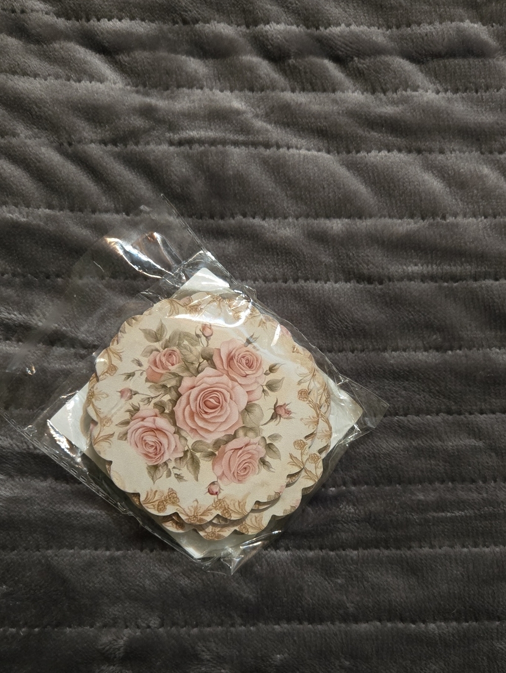 Six 4" Wood Coasters Distressed Victorian Rose Design With Scalloped Edge